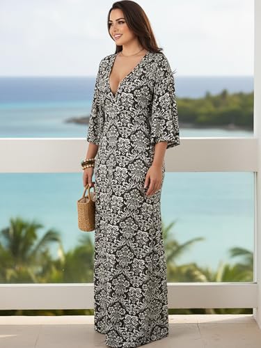 KOH KOH Womens Long 3/4 Kimono Sleeve V Neck Boho Print Flowy Maxi Dress - color: White on Black, size: Small