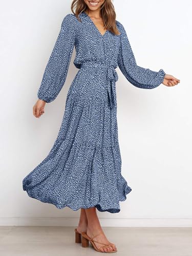 PRETTYGARDEN Womens Long Sleeve Boho Floral Wrap Maxi Dress - color: Blue, size: X-Large