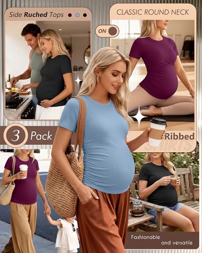 Ficerd 3 Pack Women's Short Sleeve Maternity Shirts - color: Black, Light Blue, Fuchsia, size: X-Large