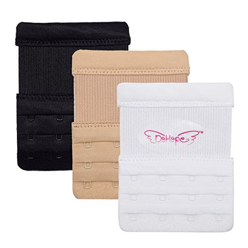 Elastic Back Bra Extender 4 Hook 3 Row 3/4" Stretchy Extension Tape Multi Color - color: 3pcs Black, White, Beige