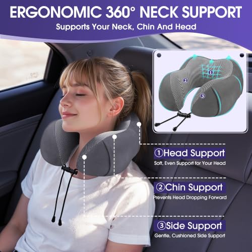 CloudBliss Neck Pillow for Airplanes, Memory Foam Travel Pillow, Grey - color: Dark Grey