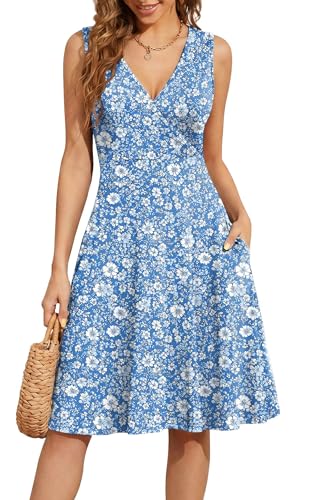 WEACZZY Women Summer V Neck Sleeveless Dress with Pockets Beach Sundress - color: Blue Daisy, size: X-Large