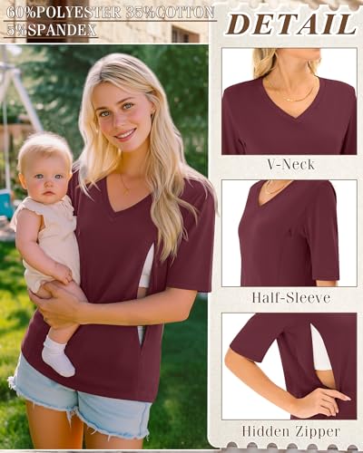 Neer 3 Pack Women's Nursing Shirts Breastfeeding Tops - color: Burgundy, Navy Blue, Black, size: Medium