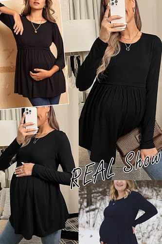 Ekouaer Maternity Shirts 3 Pack Pleated Long Sleeve Tops Pregnancy Clothes - color: Black/Pink/Green, size: Medium