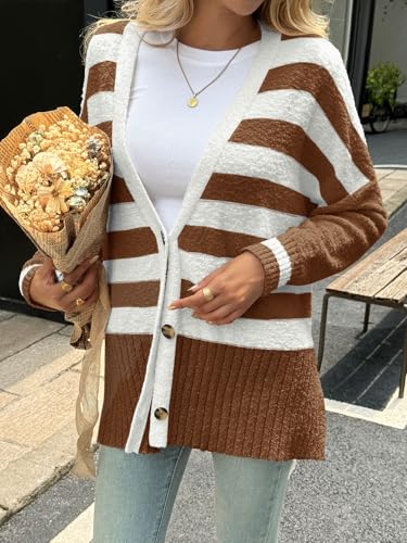 Saodimallsu Womens Oversized Striped Cardigan Fuzzy Knit Fall Sweaters - color: Coffee, size: Medium