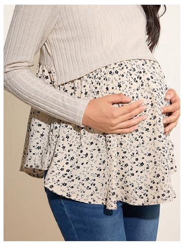 MakeMeChic Women's Maternity Shirts Floral Long Sleeve Crew Neck Nursing Casual Blouses Tops