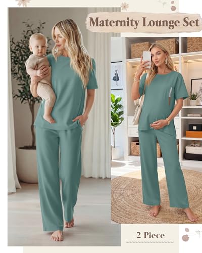 2Pc Postpartum Nursing Pajamas Set - color: Lake Green, size: X-Large