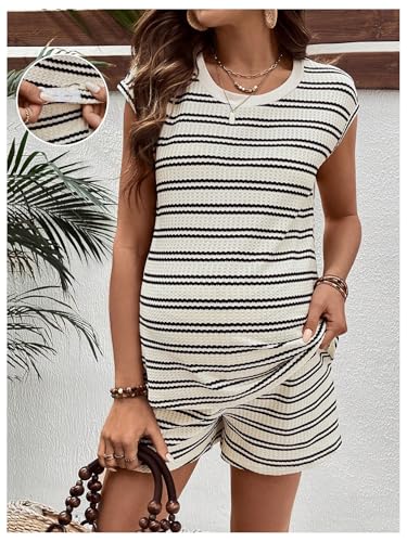 MakeMeChic Women Maternity Striped 2 Piece Short Sets - color: Black and Apricot, size: Small
