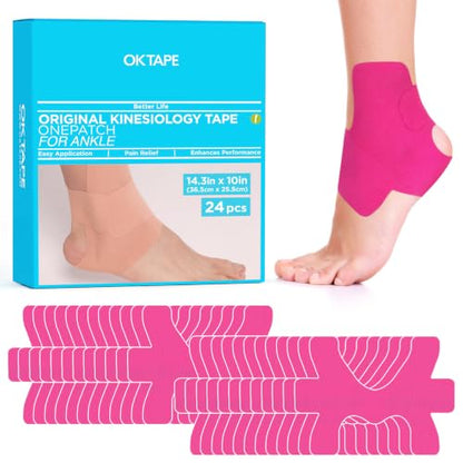 OK TAPE Precut Kinesiology Ankle Tape for Pain Relief, Prevent Ankle Sprain - color: Pink, size: M size-24 Pack