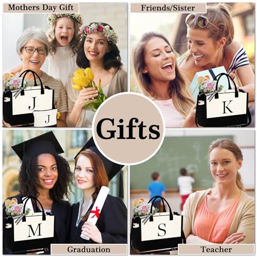 YOOLIFE Personalized Gifts for Women Initial Canvas Tote Bag Makeup Bag - color: P