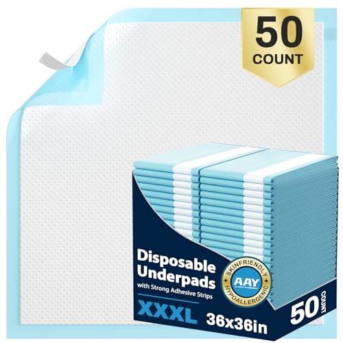 AAY Disposable Bed Pads with Adhesive Strips 36" x 36" (50 Count) - size: 36"X36"-50 with Adhesive