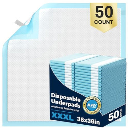 AAY Disposable Bed Pads with Adhesive Strips 36" x 36" (50 Count) - size: 36"X36"-50 with Adhesive