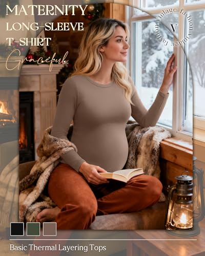 3 Pack Women's Thermal Maternity Shirts - color: Army Green, Coffee, Black, size: Large