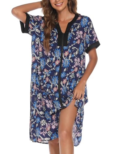 YOZLY House Dresses for Women Zipper Front Housecoat Lightweight Duster Robe with Pockets - color: Dark Blue, size: Large
