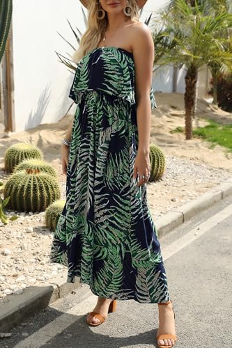 ZMPSIISA Womens Summer Off Shoulder Maxi Dress Strapless Boho Long Dresses - color: A-leaves Navy, size: Large