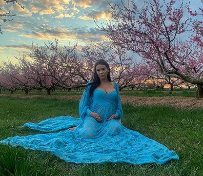 Saslax Sheer Lace Off Shoulder Maternity Maxi Dress for Photoshoot - color: Blue, size: Large