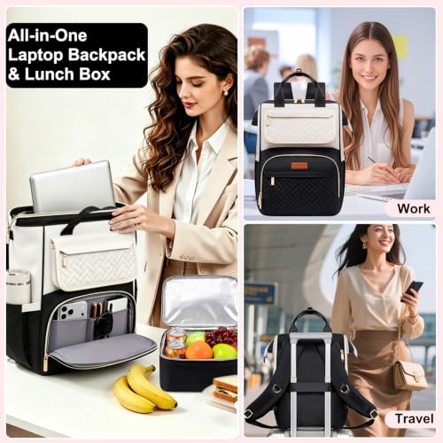 Lunch Backpack For Women, 15.6 Inch Laptop Backpack with Lunchbox - color: Black/Beige