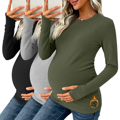 Oakgarden 3 Pack Womens Maternity Thermal Long Sleeve Shirts - color: Army Green, Light Gray, Black, size: X-Large