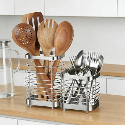 Utensil Holder, Stainless Steel Utensil Drying Rack for Kitchen Counter - color: Small+Large, Silver