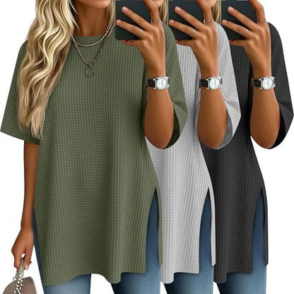 3 Pack Womens Oversized Waffle Knit Tops - color: Black, Light Gray, Olive Green, size: XX-Large