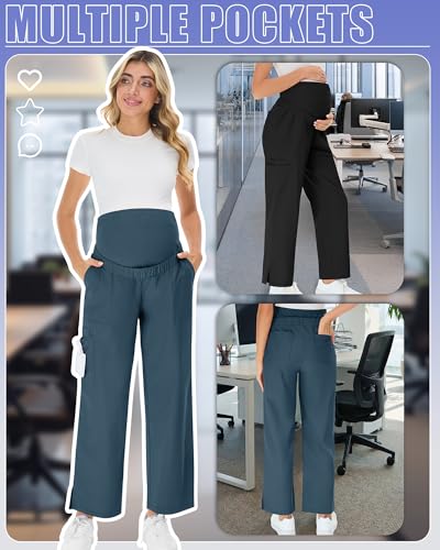 2 Pack Womens Maternity Pants Scrub with 6 Pockets - color: Black, Caribbean Blue, size: XX-Large