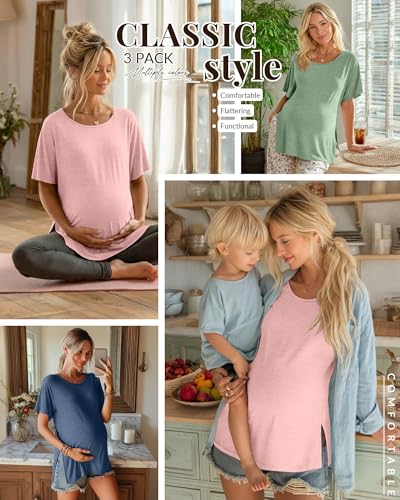 Riyiper 3 Pack Women's Maternity Tunic Cotton Shirts - color: Gray Blue, Light Pink, Light Green, size: Medium