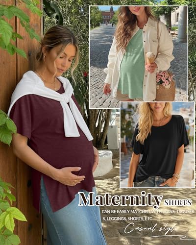 Riyiper 3 Pack Women's Maternity Tunic Cotton Shirts - color: Light Green, Wine Red, Black, size: Medium