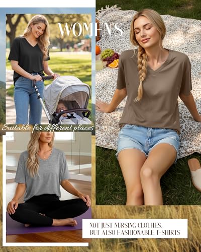 4 Pack Women's Oversize Nursing Tops - color: Khaki, Light Brown, Light Gray, Black, size: XX-Large