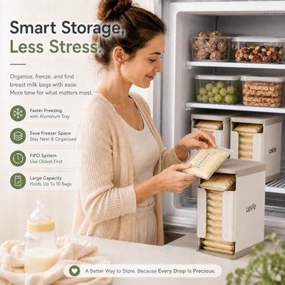 Breast Milk Bag Organizer with Aluminum Freeze Tray, FIFO Storage