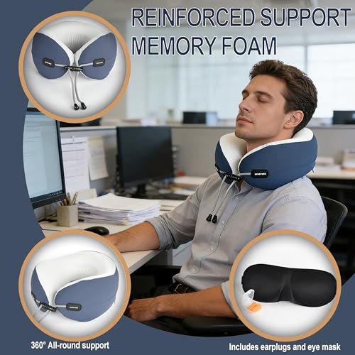 Travel Neck Pillow, Memory Foam Airplane Pillow for Long Flights - color: Blue