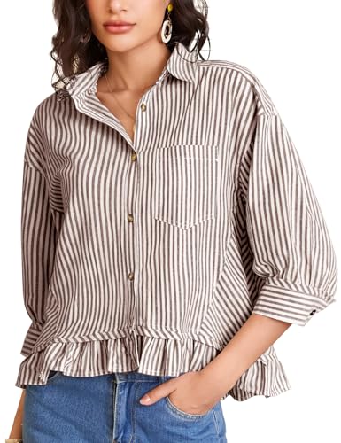 Flygo Womens Striped Button Down Shirts Cropped 3/4 Sleeve Ruffled Blouses - color: Coffee, size: X-Large