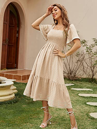 Glamaker Women's Short Sleeve Smocked Square Neck A Line Summer Flowy Maxi Long Dress - color: 01-beige, size: Medium
