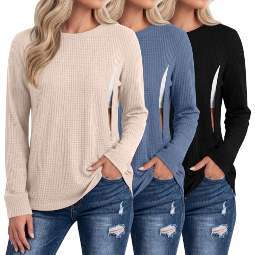 Neer 3 Pack Women's Nursing Hidden Zipper Long Sleeve Shirts - color: Cream, Haze Blue, Black, size: Medium