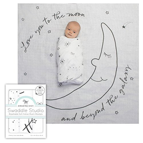 Amazing Baby Muslin Swaddle Blankets for Baby, Newborn Receiving Blanket, 100% Cotton Swaddle Wrap, XLarge, 46 x 46 inches, Milestone Blankets, Set of 3, Love You to The Moon, Soft Black - color: Love You to the Moon, 3 Pack, size: 3 pack