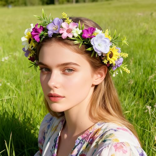 Fairy Flower Crown Headband, Sunflower Daisy Floral Headpiece - color: Multicolor A