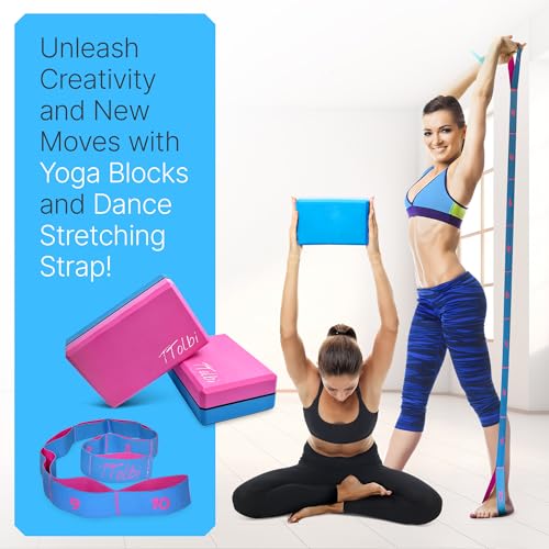 Yoga Blocks 2 Pack with Strap and Guide – Soft Non-Slip EVA Foam Blocks - color: Pink/Blue - Stretch Band Blue