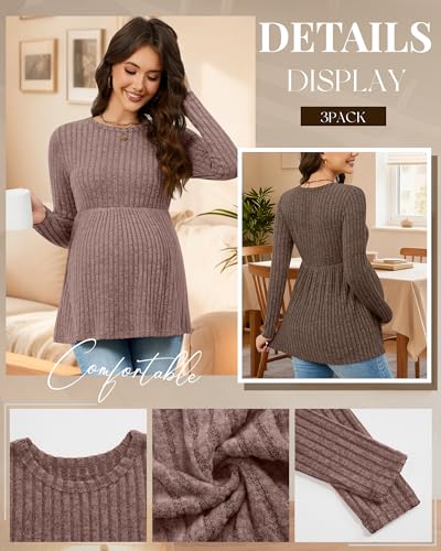 3 Pack Maternity Sweaters Long Sleeve Ribbed Shirts - color: Camel, Dark Camel, Black, size: XX-Large