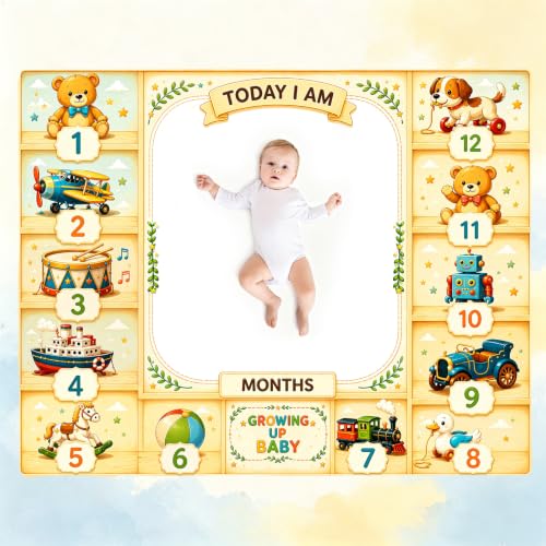 Teddy Bear Baby Monthly Milestone Blanket, Vintage Airplane Robot Train Nostalgic Themed Newborn Photo Backdrop, 1‑12 Months Growth Chart Blanket, for Boys Girls 50"x40" - color: Cartoon
