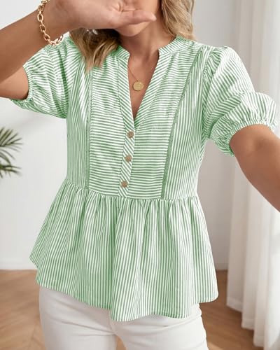dowerme Women Lantern Sleeve Button Up Stripes Babydoll Tops - color: Green, size: XX-Large