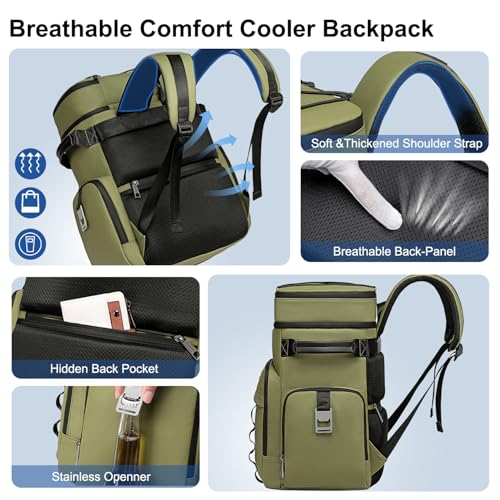 Weitars Insulated Cooler Backpack,Waterproof Soft Cooler Bag 31L/52 Can - color: Green
