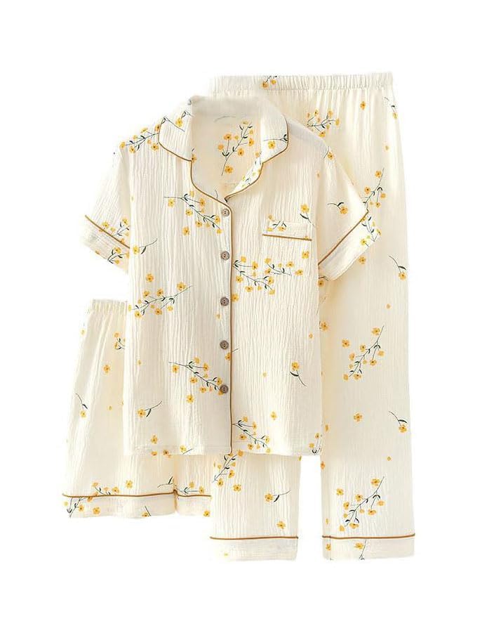 codcm Womens 3pcs Cotton Pajamas Set Short Sleeve Sleepwear Fruit Print Cute Pj Set with Long Pants - color: Flower, size: Small