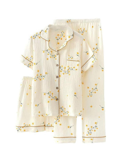 codcm Womens 3pcs Cotton Pajamas Set Short Sleeve Sleepwear Fruit Print Cute Pj Set with Long Pants - color: Flower, size: Small