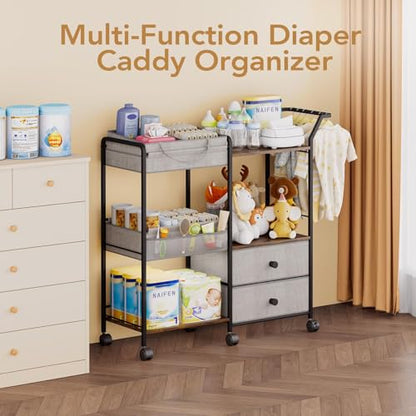 BBLIKE Diaper Caddy Organizer, Baby Storage Cart with Hanging Rack, Gray - color: Grey