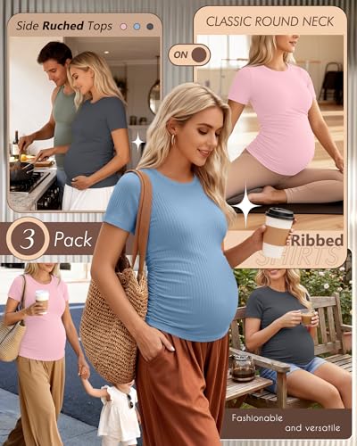 Ficerd 3 Pack Women's Short Sleeve Maternity Shirts - color: Pure Dark Gray, Sky Blue, Light Pink, size: Small