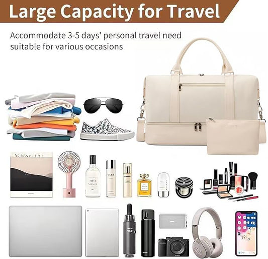 Oeihuivt Weekender Bags for Women - 21 Inch Large Travel Duffel Bag 2-Piece Set with Shoe Compartment, Heavy-Duty Canvas & Leather Carry On Overnight Tote (Airplane Approved) - color: Beige-1