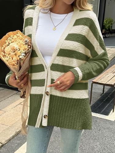 Saodimallsu Womens Oversized Striped Cardigan Fuzzy Knit Fall Sweaters - color: Army Green, size: Small