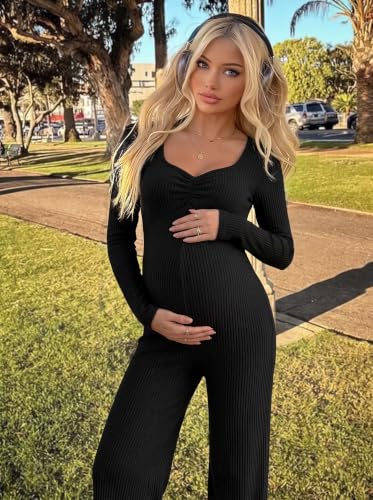 BLENCOT Maternity Ribbed Jumpsuit Long Sleeve Square Neck Stretchy Romper - color: Black, size: Large