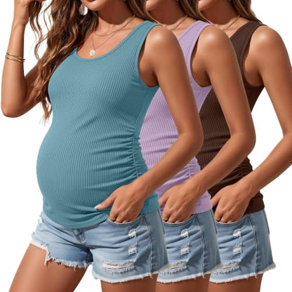 Riyiper 3 Pack Women's Maternity Tank Tops - color: Coffee, Light Purple, Light Gray Blue, size: Small