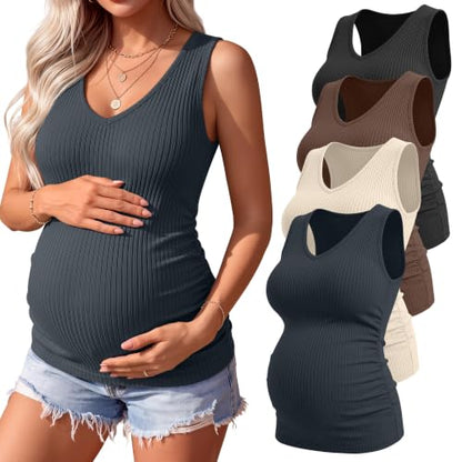 4 Pack Women's Maternity Pregnancy Tanks - color: Charcoal Gray, Apricot, Brown, Black, size: X-Large