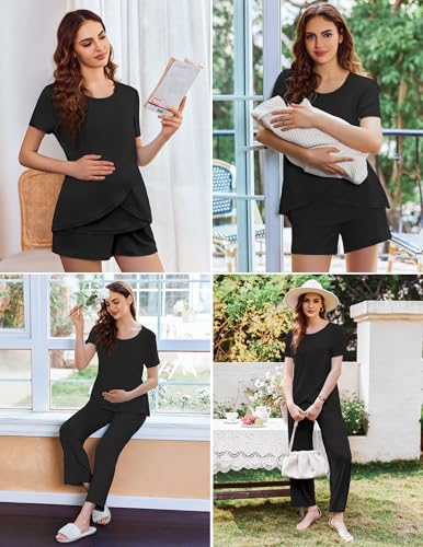 Ekouaer 3 PCS Maternity Nursing Pajamas Set Postpartum Breastfeeding PJS - color: Black, size: Large
